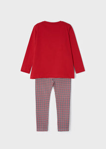 Red long sleeved t shirt with sparkly print on the front and matching tartan check leggings in red white and black. Mayoral 4777 set from the Ecofriends range in red. available from kidstuff.ie back view.