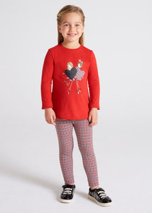 Red long sleeved t shirt with sparkly print on the front and matching tartan check leggings in red white and black. Mayoral 4777 set from the Ecofriends range in red. available from kidstuff.ie