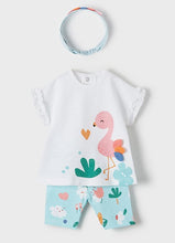 Load image into Gallery viewer, Baby girls leggings top and headband outfit in aqua with flamingo print, Mayoral 1715 baby girl set in aqua. aby girl&#39;s printed short leggings, hairband and matching top available to buy online from Kidstuff.ie

