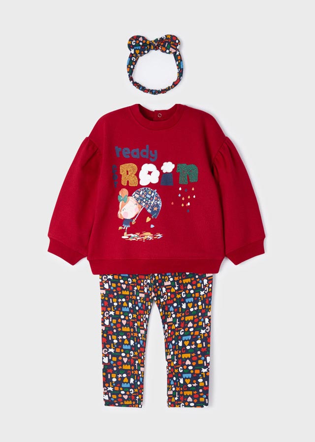 Baby girl's red top , print leggings and matching headband set. mayoral  2725  toddler outfit.