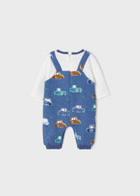 Load image into Gallery viewer, Baby boy&#39;s onesie with car print from the Ecofriends collection. Mayoral 2648 romper in indigo blue. Back view.
