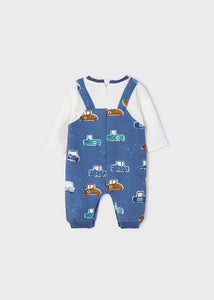 Baby boy's onesie with car print from the Ecofriends collection. Mayoral 2648 romper in indigo blue. Back view.
