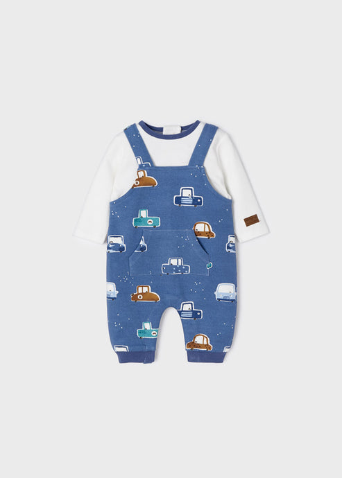 Baby boy's onesie with car print from the Ecofriends collection. Mayoral 2648 romper in indigo blue.