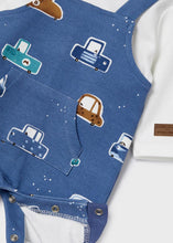 Load image into Gallery viewer, Baby boy&#39;s onesie with car print from the Ecofriends collection. Mayoral 2648 romper in indigo blue. Close up view
