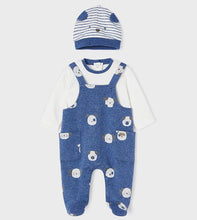Load image into Gallery viewer, Baby Boy&#39;s Romper with long sleeves in indigo blue with cute animal print, with matching stried hat. Mayoral 2621 baby boy romper and hat set.

