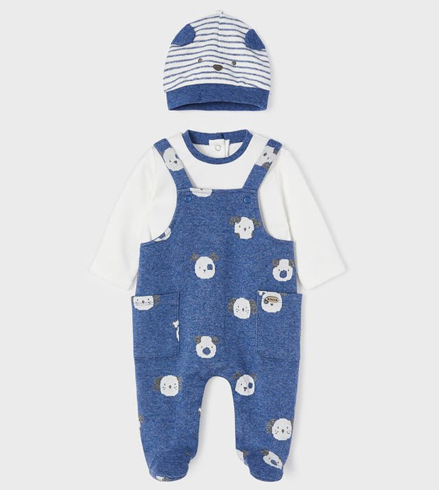 Baby Boy's Romper with long sleeves in indigo blue with cute animal print, with matching stried hat. Mayoral 2621 baby boy romper and hat set.