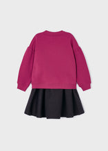 Load image into Gallery viewer, Girl&#39;s long sleeved top in raspberry pink with decorated front and matching swing skirt in charcoal grey. Mayoral 4980 girl&#39;s skirt and top set available on kidstuff.ie Back view
