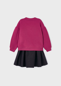 Girl's long sleeved top in raspberry pink with decorated front and matching swing skirt in charcoal grey. Mayoral 4980 girl's skirt and top set available on kidstuff.ie Back view