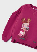 Load image into Gallery viewer, Girl&#39;s long sleeved top in raspberry pink with decorated front and matching swing skirt in charcoal grey. Mayoral 4980 girl&#39;s skirt and top set available on kidstuff.ie

