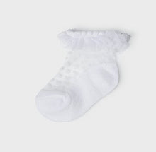 Load image into Gallery viewer,  White baby Christening sock. Baby girl&#39;s frilly lace sock. Mayoral 8479 sock. Lacy white baby sock.
