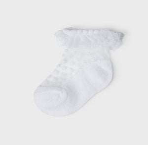  White baby Christening sock. Baby girl's frilly lace sock. Mayoral 8479 sock. Lacy white baby sock.