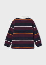 Load image into Gallery viewer, Long sleeved block stripes polo shirt for a boy in navy, plum,orange and white. Mayoral 4180 polo shirt. Rugby shirt for a boy available on kidstuff.ie Back View
