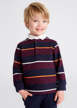 Load image into Gallery viewer, Long sleeved block stripes polo shirt for a boy in navy, plum,orange and white. Mayoral 4180 polo shirt. Rugby shirt for a boy available on kidstuff.ie
