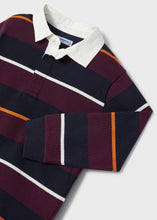 Load image into Gallery viewer, Long sleeved block stripes polo shirt for a boy in navy, plum,orange and white. Mayoral 4180 polo shirt. Rugby shirt for a boy available on kidstuff.ie
