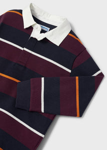 Long sleeved block stripes polo shirt for a boy in navy, plum,orange and white. Mayoral 4180 polo shirt. Rugby shirt for a boy available on kidstuff.ie