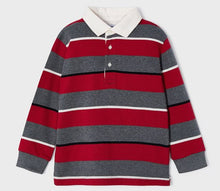 Load image into Gallery viewer,  Long-sleeved boy&#39;s polo shirt in block stripes of red and grey separated with narrow stripes of black and winter white. Cotton jersey body Woven collar .Button opening. Made by Mayoral and available on kidstuff.ie
