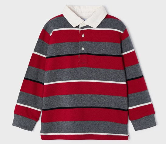  Long-sleeved boy's polo shirt in block stripes of red and grey separated with narrow stripes of black and winter white. Cotton jersey body Woven collar .Button opening. Made by Mayoral and available on kidstuff.ie