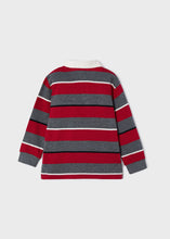 Load image into Gallery viewer, Long-sleeved boy&#39;s polo shirt in block stripes of red and grey separated with narrow stripes of black and winter white. Cotton jersey body Woven collar,  Button opening. Made by Mayoral and available on kidstuff.ie Back view
