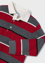 Load image into Gallery viewer,  long-sleeved boy&#39;s polo shirt in block stripes of red and grey separated with narrow stripes of black and winter white. Cotton jersey body Woven collar .Button opening. Made by Mayoral and available on kidstuff.ie Front detail
