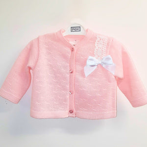 Pink baby girl's cardigan with white satin bow. 