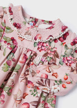 Load image into Gallery viewer, Mayoral baby and toddler girl pink printed cord dress with long sleeves. Printed dress with fruit and flower motifs on pink. Mayoral 2948 in blush pink. Close up view
