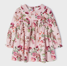 Load image into Gallery viewer, Mayoral baby and toddler girl pink printed cord dress with long sleeves. Printed dress with fruit and flower motifs on pink.  Mayoral 2948 in blush pink.
