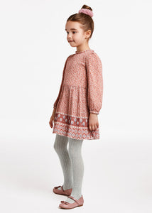 Rose pink printed dress for a girl withlong sleeves and pleated shirt . Mayoral 4961 in pink. available on kidstuff.ie