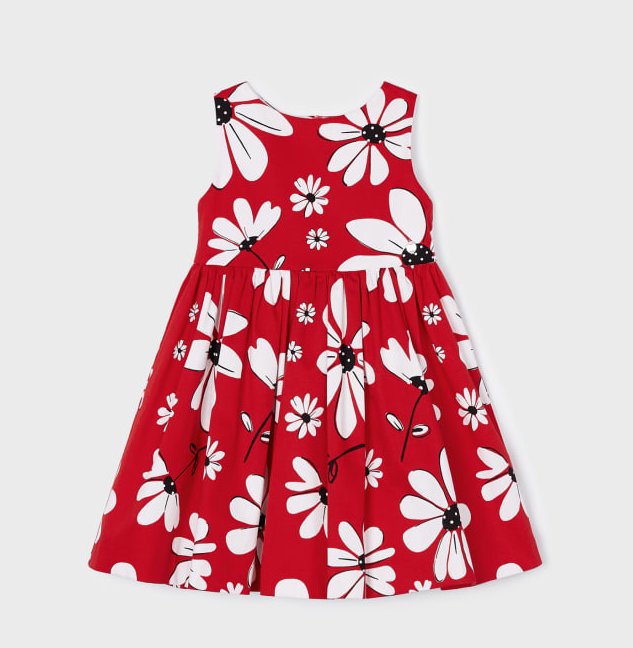 red girls dress with flower print. Girl's party dress, mayoral 3917 dress.Daisy print dress on kidstuff.ie