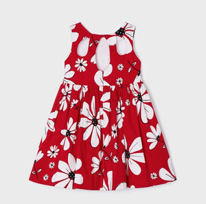 red girls dress with flower print. Girl's party dress, mayoral 3917 dress.Daisy print dress on kidstuff.ie back view