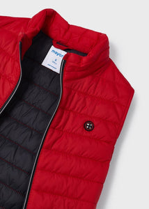 Red bodywarmer for a child. Gilet by Mayoral 3350. Red gilet available on kidstuff.ie Front detail.