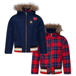Girl's reversible jacket. Tuctuc  girl's coat. Red tartan and navy reversible jacket