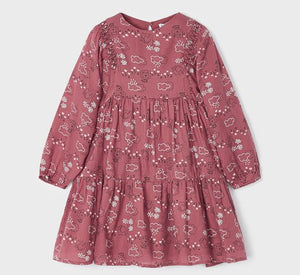 Girl's long sleeved, pink printed dress with smocking detail. mayoral 4970 Dress available on kidstuff.ie