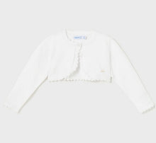 Load image into Gallery viewer, white bolero cardigan for a baby or toddler girl. Mayoral 306 bolero cardigan in white available on kidstuff.ie
