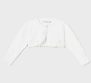 white bolero cardigan for a baby or toddler girl. Mayoral 306 bolero cardigan in white available on kidstuff.ie