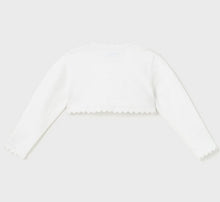 Load image into Gallery viewer, white bolero cardigan for a baby or toddler girl. Mayoral 306 bolero cardigan in white available on kidstuff.ie back view
