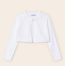 Load image into Gallery viewer, white cardigan in sustainable cotton. dressy bolero style cardigan for a girl. mayoral 321 white cardigan available on Kidstuff.ie
