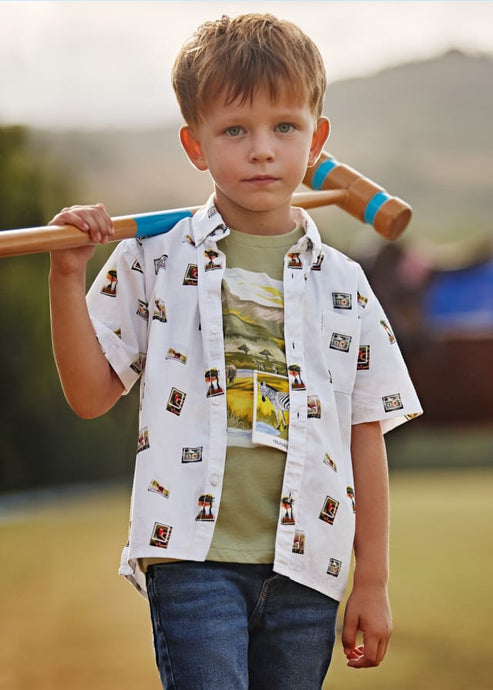 Boy's short sleeved shirt with print. Mayoral  3162 animal-printed  shirt. Boy' shirt available on kidstuff.ie