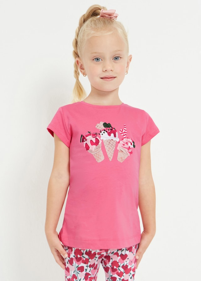 Pink t-shirt for a girl with ice-cream cones printed on the front. Mayoral 3070 pink top . Sustainable cotton pink t shirt available on kidstuff.ie