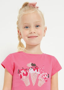 Pink t-shirt for a girl with ice-cream cones printed on the front. Mayoral 3070 pink top . Sustainable cotton pink t shirt available on kidstuff.ie