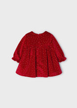 Load image into Gallery viewer, Baby girl&#39;s red velvet dress with long sleeves and smocking detail. Mayoral 2808 red velvet dress. Available on kidstuff.ie Christmas dress.

